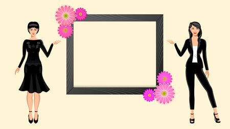 Young woman presents window with blank messageのイラスト素材