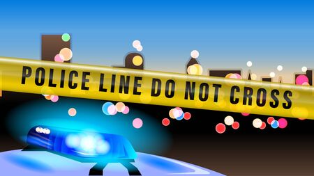 Police tape. Police car flashing light on evening bokeh city backgroundのイラスト素材