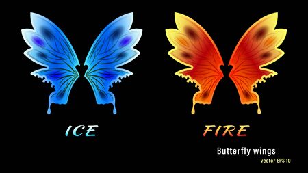 Set different colorful gradient flame fire and ice spotted butterfly wings isolated on a black background. Vector illustration stock.のイラスト素材