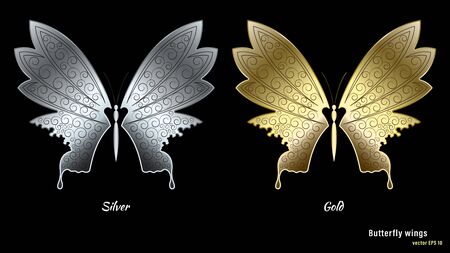 Silver and gold metal butterfly wings with a ornate pattern isolated on black background. 3d realistic detailed vector illustration stock.のイラスト素材