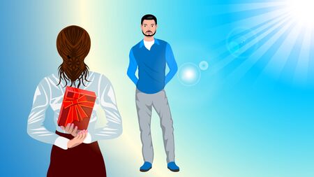 Woman holding gift behind her back for a man.のイラスト素材