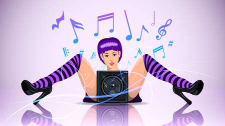 Girl lying on the floor with speaker between her legsのイラスト素材
