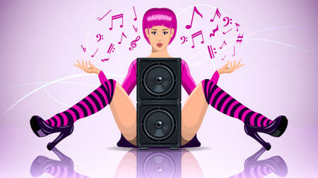 Girl sitting on the floor with speaker between her legsのイラスト素材