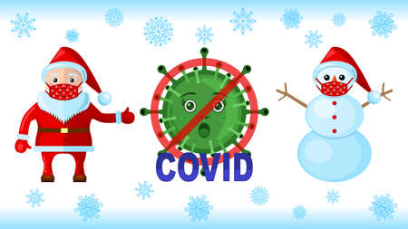 Coronavirus, Snowman Santa Klaus in a medical masksのイラスト素材