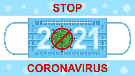Stop coronavirus 2021, expanded medical mask and bacterium front viewのイラスト素材