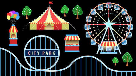 Amusement city park objects isolated black backgroundのイラスト素材
