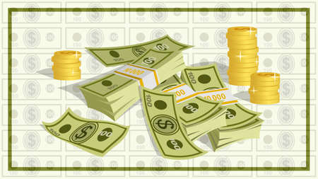 bundles of 100 dollar bills and stacks of gold coins cartoonのイラスト素材