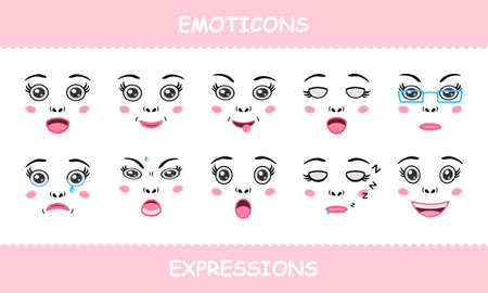 Set emoticons, faces expressions isolated cartoon flatのイラスト素材