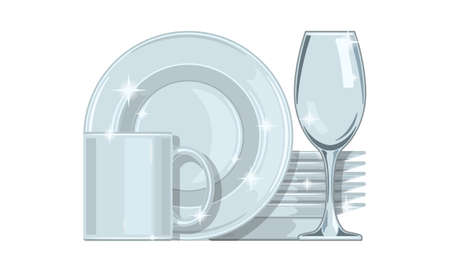 Clean wash dishes isolated on white background flat cartoonのイラスト素材