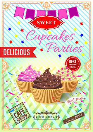 Poster cupcakes parties. Cake with cream in a waffle bowl on a mirror surface.のイラスト素材