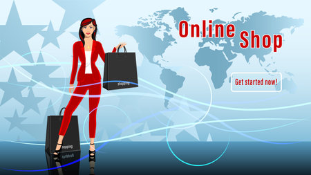 Young woman, brunette, holding shopping bags vectorのイラスト素材