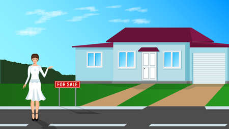 Real estate agent, young woman stands and shows house.のイラスト素材