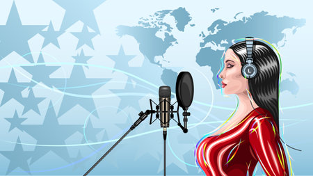 singer woman in a tight latex suit at the microphoneのイラスト素材