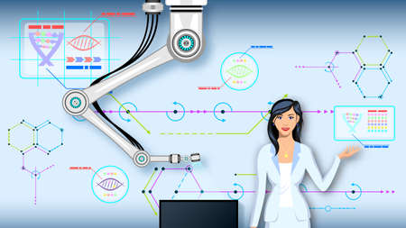 Woman and Robot Manipulator of Background Various Diagramsのイラスト素材