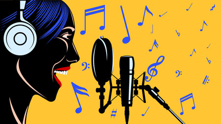 Singer woman head in headphones in front of the microphone.のイラスト素材