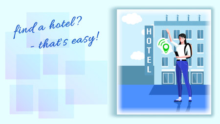 Young woman searches for a hotel using a navigator on her smartphoneのイラスト素材