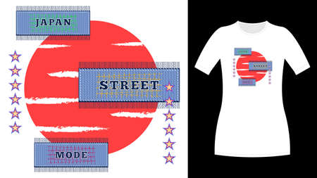 Japan street mode rectangle jeans patch print t-shirtのイラスト素材