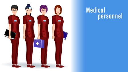 Doctors, women medical workers stand in a row in overalls isolated.のイラスト素材