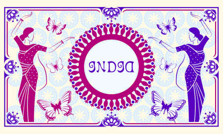 Indian women in national costumes dance on pattern mandala and butterflies backgroundのイラスト素材