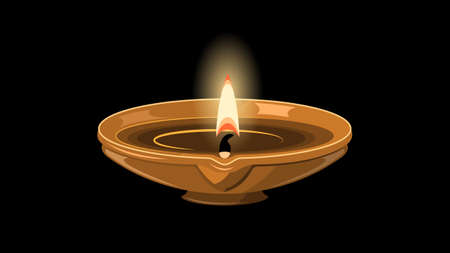 Single Clay diya lamp lit isolated on a black backgroundのイラスト素材
