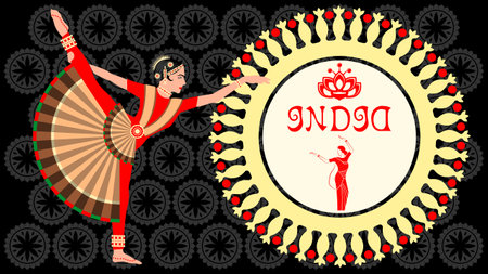 Indian women in national costumes dance hand drawn color vector.のイラスト素材
