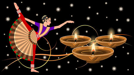 Indian woman in national costume dance color vector.のイラスト素材