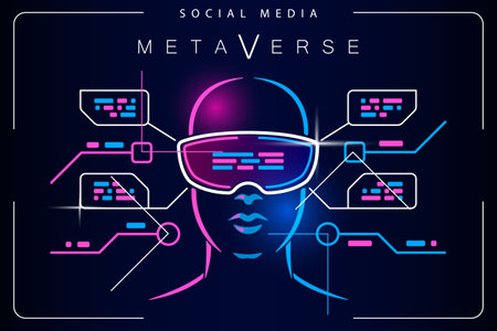Metaverse human in VR glasses Virtual reality light effect backgroundのイラスト素材