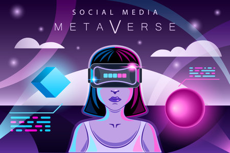 Metaverse Woman in VR glasses Virtual reality backgroundのイラスト素材