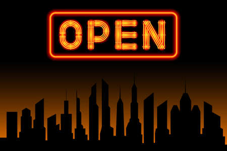 open neon sign cityscape panorama silhouette backgroundのイラスト素材