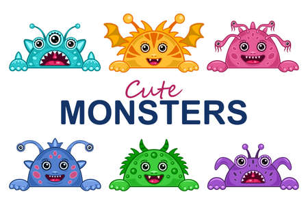 Set cute head monsters cartoon isolated vectorのイラスト素材