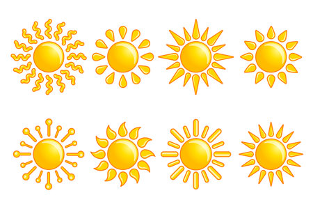 set shiny sun cartoon isolated white backgroundのイラスト素材