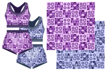 Sports women top shirt and shorts seamless geometric pattern template isolated white backgroundのイラスト素材