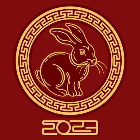 Happy chinese new year 2023, rabbit in ornamental circle frame isolated red backgroundのイラスト素材