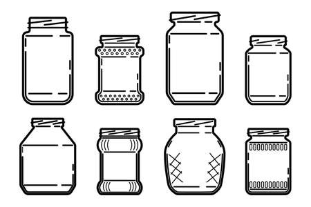 set glass jars contour drawing isolated white backgroundのイラスト素材