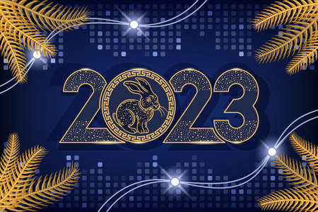 Happy chinese new year 2023 rabbit fir branches gradient dark blue backgroundのイラスト素材