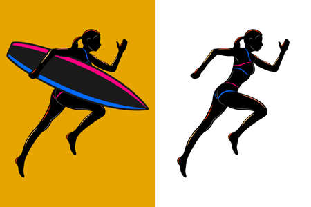 running woman holding surfboard side view isolated silhouetteのイラスト素材