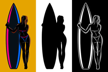 woman in swimsuit holding surfboard rear view isolatedのイラスト素材