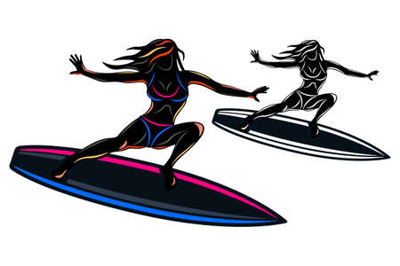 surfing woman swim on surfboard silhouette isolated white backgroundのイラスト素材