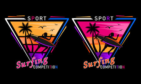 sunset beach running surfing woman silhouette print shirtのイラスト素材