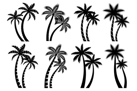 Collection couple palm trees silhouette isolated white backgroundのイラスト素材