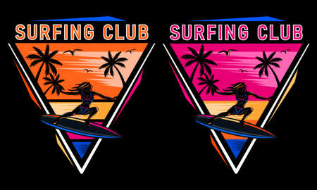 sunset beach woman on surfboard silhouette print shirtのイラスト素材