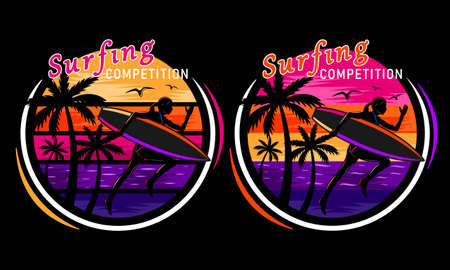 sunset beach running surfing woman silhouette print shirtのイラスト素材