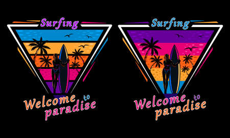 sunset beach surfing woman silhouette print shirtのイラスト素材