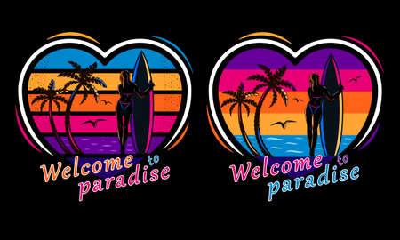 sunset beach surfing woman silhouette print shirtのイラスト素材
