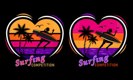 sunset beach running surfing woman silhouette print shirtのイラスト素材