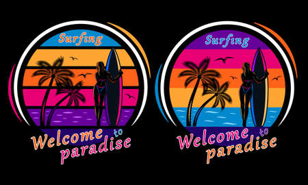 sunset beach surfing woman silhouette print shirtのイラスト素材
