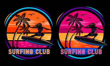 sunset beach woman on surfboard silhouette print shirtのイラスト素材