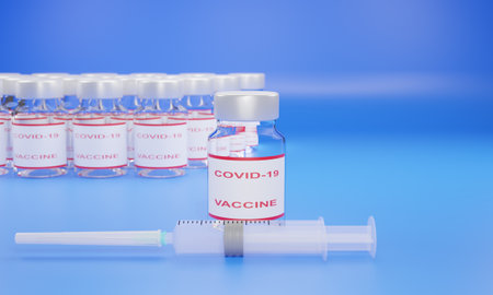 3D render of a syringe with a needle and covid-19 vaccine in a glass ampoule. Illustration of a digital image for medicine.の写真素材
