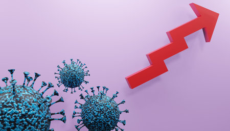 3D render of the increase in incidence during the second and third waves of covid-19 with an upward arrow and coronavirus.Digital image illustration.の写真素材