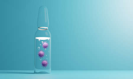3D render of a glass medical ampoule with an antiviral drug. Illustration of a digital image for medicine.の写真素材
